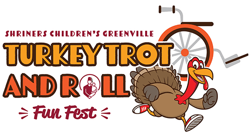 Shriners Children's Greenville Turkey Trot and Roll Fun Fest logo; cartoon turkey with a wheelchair